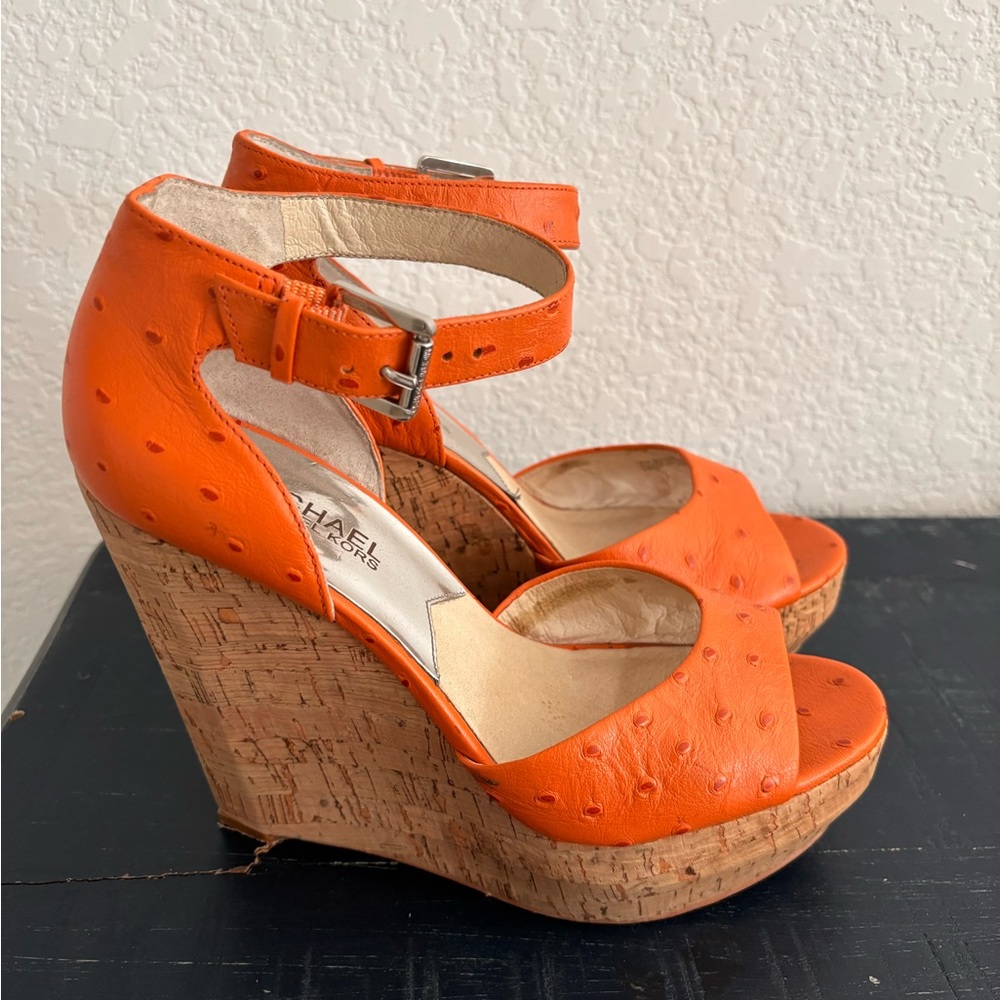 MICHEAL KORS OSTRICH WEDGE SANDALS